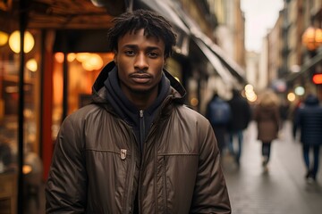 a sleek and stylish young black man looking into the camera at Street of London, smooth and shiny. generative AI