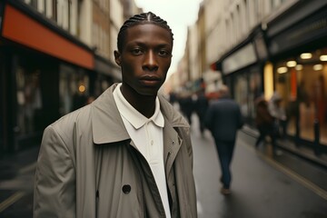 Fototapeta premium a sleek and stylish young black man looking into the camera at Street of London, smooth and shiny. generative AI