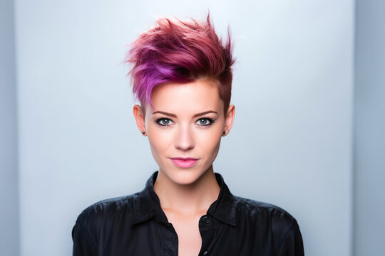 Young woman with trendy pink and purple spiked hair, wearing a black shirt, posing against a grey background. A punky dimple style