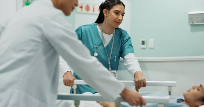 Doctors, people talking and push patient hospital bed, consulting and feedback on medicine treatment, support or ICU surgery. Teamwork, conversation and walking team, nurses or surgeon helping client