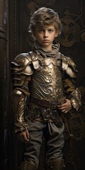 a young boy in armor, standing in a dark place, generative AI
