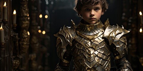 Fototapeta na wymiar a young boy in armor, standing in a dark place, generative AI