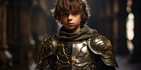 a young boy in armor, standing in a dark place, generative AI - obrazy, fototapety, plakaty