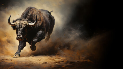 Raging bull charging attack, isolated on black background, copy space, 16:9 - obrazy, fototapety, plakaty