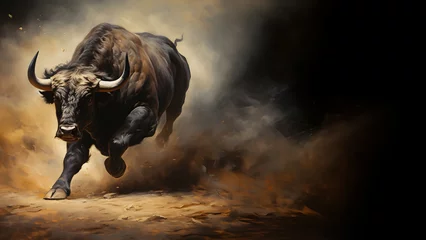 Fotobehang Raging bull charging attack, isolated on black background, copy space, 16:9 © Zoran Karapancev