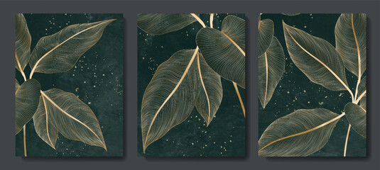 A set of dark posters with hand-drawn exotic leaves in golden line art style. Botanical background for decoration, print, textile, wallpaper, interior.. - obrazy, fototapety, plakaty