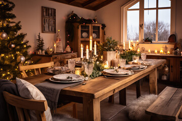Fototapeta na wymiar Kitchen Table Set and Decorated for Christmas 