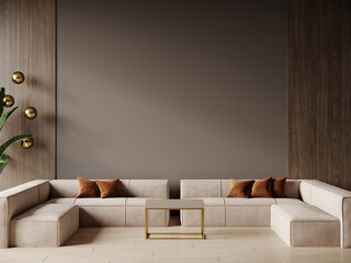 Luxury living room in mocha mousse color trend 2025. Brown and gray accents of the interior design room. Mockup empty painting wall. Reception hall clubhouse or hotel. 3d rendering 