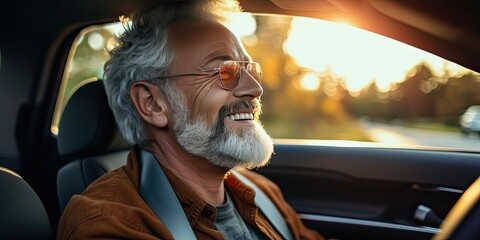 a man is sitting in his car as he looks out a window and smiles, generative AI