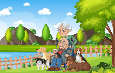 Elderly Grandparents Traveling in Nature with Pet Dogs