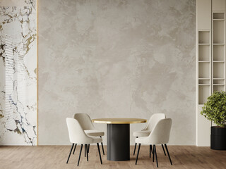 Dining room in light ivory colors. Beige and taupe with black details. Golden accent table. Minimalistic room with texture plaster microcement walls. Menu template or mockup invitation. 3d rendering 