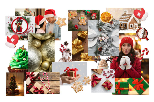 Photos of Christmas holidays combined into collage on white background