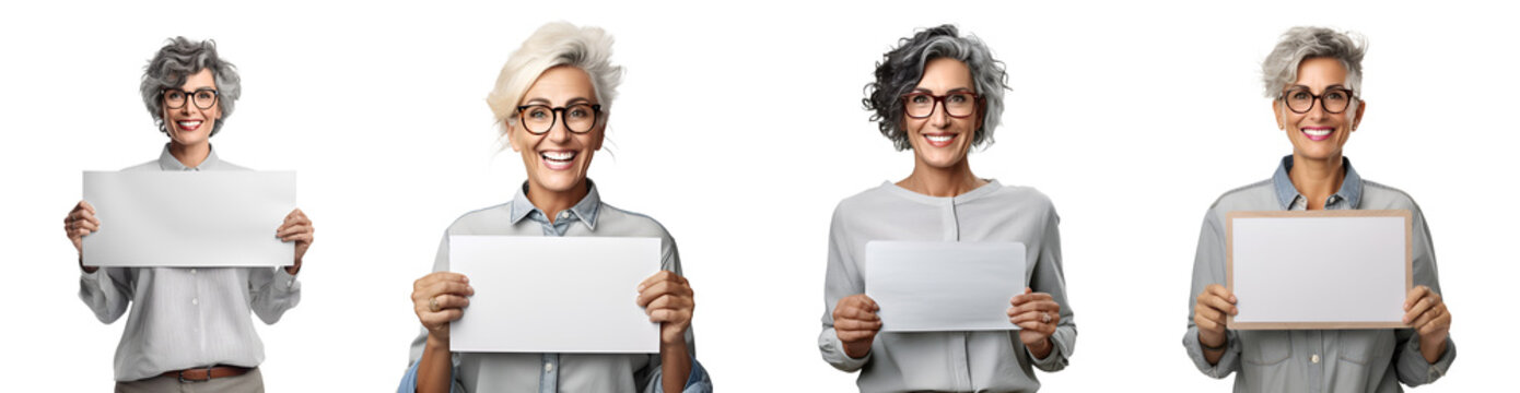 Set Of Portrait Of A Middle Aged Woman Happy Smiling Holding A Blank Sign Paper Billboard, Isolated On White Background, Png