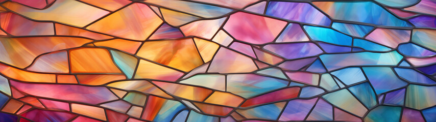 Fototapeta premium Stained glass with a beautiful rainbow-colored grid pattern, for wallpaper, 32:9 ratio, 8K