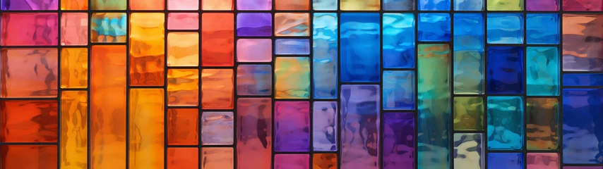 Papier Peint photo Lavable Coloré Stained glass with a beautiful rainbow-colored grid pattern, for wallpaper, 32:9 ratio, 8K