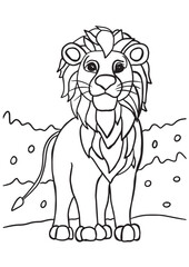 Children coloring book page lion standing in the nature savana