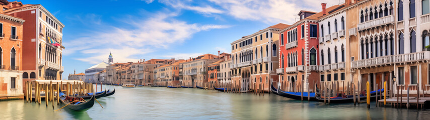 Fototapeta premium Quiet and beautiful European floating houses and ships in various colors under a clear sky., 32:9 ratio, 8K
