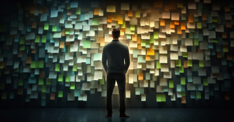 Businessman looking at a wall full of notes. Concepts, new ideas and action plan