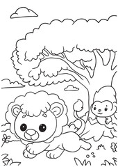 Children coloring book page cute lion play in the nature