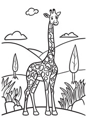 Coloring book page for kid giraffe in the nature mountain 