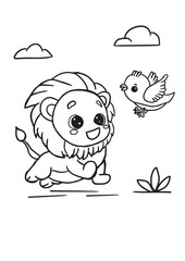Coloring book for children cute lion and bird fly illustration 