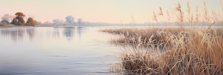 the lake reflects the brown reeds in the water, generative AI