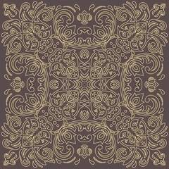 Oriental ornament with arabesques and floral elements. Traditional classic brown and yellow ornament. Vintage pattern with arabesques