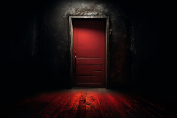 Red door in a dark place with a spotlight from above - obrazy, fototapety, plakaty