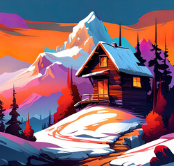 Winter mountain landscape with small cozy house, Vector illustration. beautiful graphic illustration, pop art