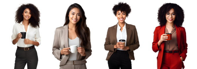 Set of Portrait of young business woman happy smiling and standing holding a coffee cup, isolated on white background, png