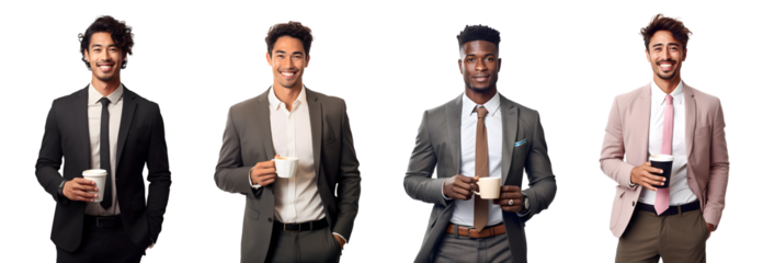 Set of Portrait of young businessman happy smiling and standing holding a coffee cup, isolated on white background, png