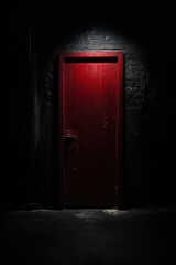 Red door in a dark place with a spotlight from above