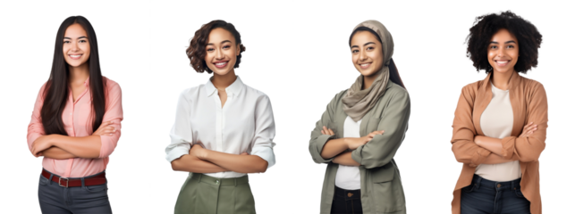 Set of Portrait of young business woman happy smiling and standing posing arms crossed, isolated on white background, png
