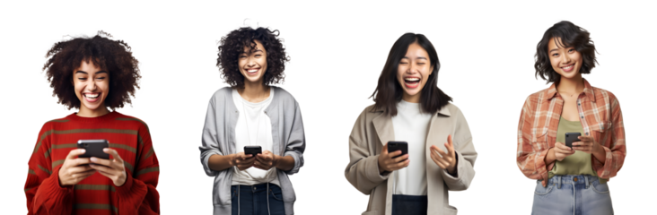 Set of Portrait of young woman laughing happy smiling with using smart phone, Surprised expression attractive cheerful amazed, isolated on white background, png
