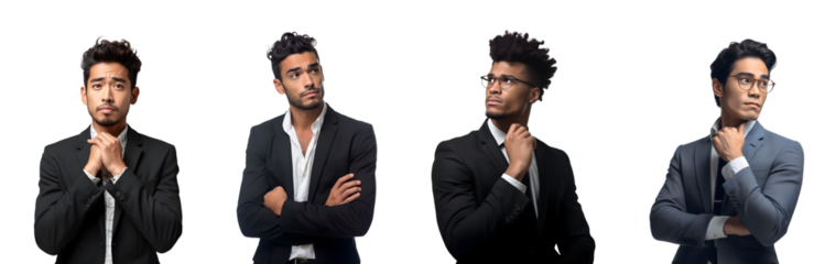 Set of Portrait of young businessman positive thinking and standing posing arms crossed, isolated on white background, png