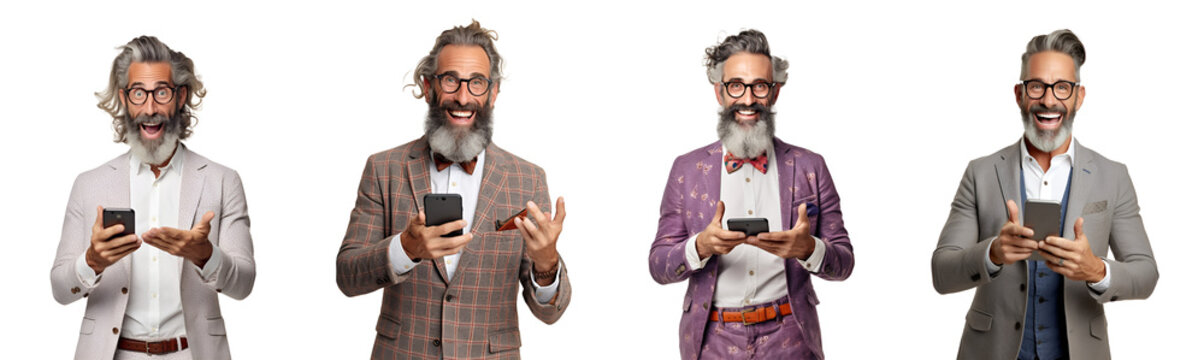 Set of Portrait of middle aged man holding using smart phone with surprise attractive cheerful amazed, isolated on white background, png