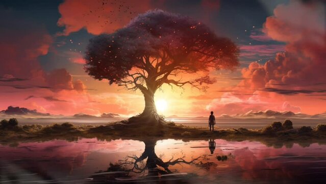 Beautiful natural landscape of autumn sunset and silhouette of a person. Cartoon or anime watercolor painting illustration style. seamless looping virtual video animation background. Generated with AI