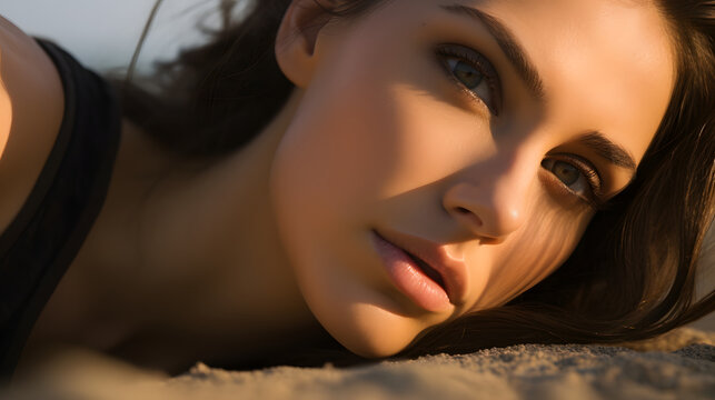 candid, closeup, Gal Gadot laying on the beach, captured by Canon EF 50mm f/1.2L USM lens on a Canon EOS 5D Mark IV camera, rim lighting