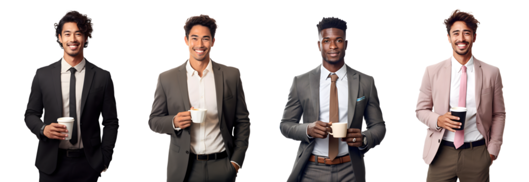 Set of Portrait of young businessman happy smiling and standing holding a coffee cup, isolated on white background, png