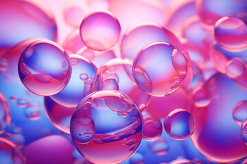 Pink and purple bubbles gracefully float on the background, exhibiting hyper-realistic oil aesthetics with light red and azure tones, and playful repetitions.