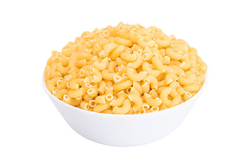 Uncooked Chifferi Rigati Pasta in White Cup Isolated on White Background. Fat and Unhealthy Food. Classic Dry Macaroni. Italian Culture and Cuisine. Raw Pasta - Isolation