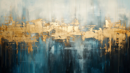 Abstract painting of gold oil paint flowing on a grunge blue wall, for wallpaper, 8K