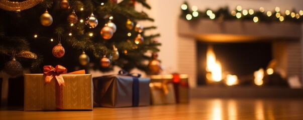gifts under the christmas tree, chimney at the background, cozy living room with wooden floor, close up on present boxes for christmas and new year - obrazy, fototapety, plakaty