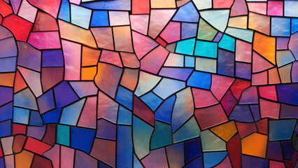 Beautiful stained glass with translucent polygonal shapes in blue and red colors - obrazy, fototapety, plakaty