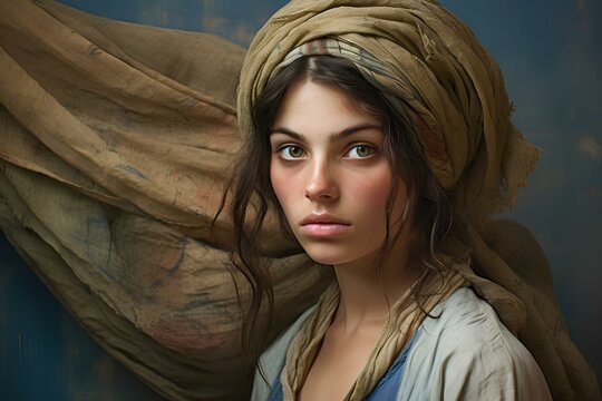 portrait of beautiful peasant woman wearing rags, faded tapestry backdrop. generative AI