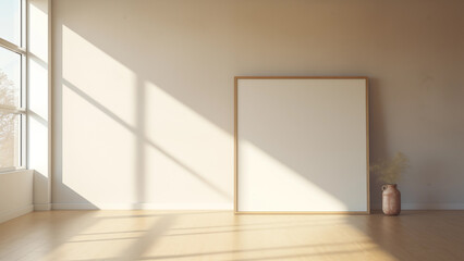 Fototapeta premium Photo of an empty picture frame on a beige tone background receiving warm sunlight from a window