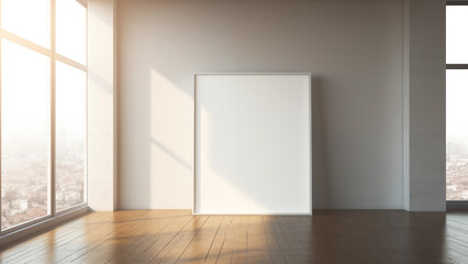 Photo of an empty picture frame on a beige tone background receiving warm sunlight from a window