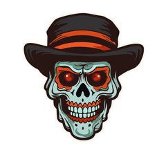 evil skull cowboy illustration, green zombie skin tone and red eyes
