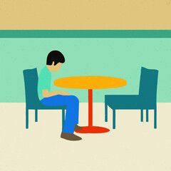 A person is sitting on a chair, thinking in a simple room.