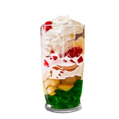 Vietnamese street sweet food, Che, traditional Asian desserts with ice, coconut milk and mixed fruits in a glass. Hand drawing authentic Asian food illustration on white background. menu